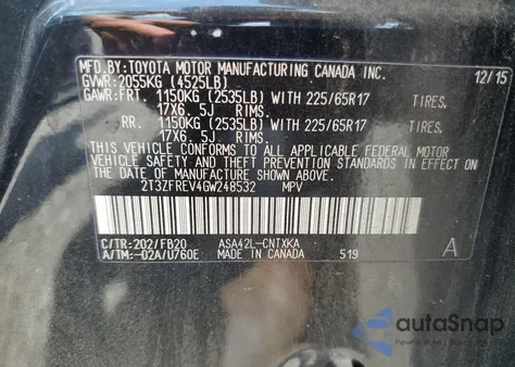 2016 Toyota Rav4 Le z USA, uszkodzony, nr VIN 2T3ZFREV4GW248532